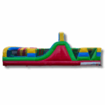 Children playing on the colorful Magic Obstacle Course inflatable rental with tunnels and climbing walls in Los Angeles.