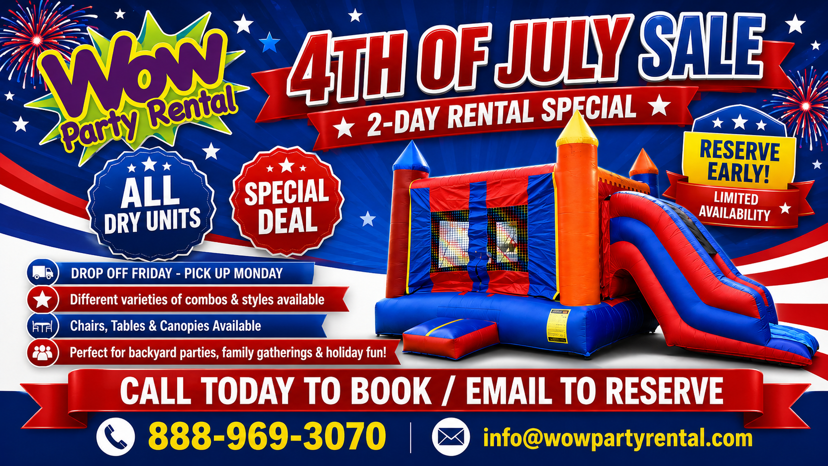 4th of July dry unit rental sale banner featuring a colorful combo bounce house with slide, patriotic fireworks, and Wow Party Rental contact information.